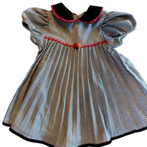 Vintage Houndstooth Toddler Girls Dress 24M Black Velvet Collar Red Rose Trim